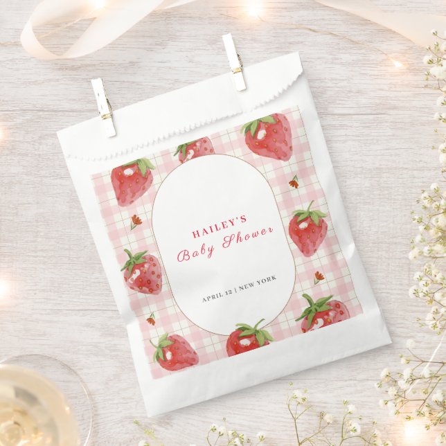 Pink Strawberry Berry  Sweet Gingham Baby Shower Favor Bag (Clipped)