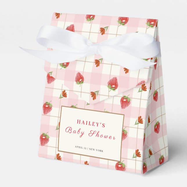Pink Strawberry Berry Sweet Gingham Baby Shower Favor Boxes (Front Side)