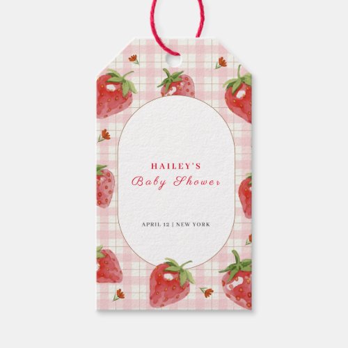 Pink Strawberry Berry  Sweet Gingham Baby Shower Gift Tags