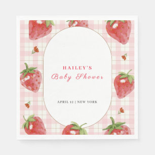 Pink Strawberry Berry Sweet Gingham Baby Shower Napkins