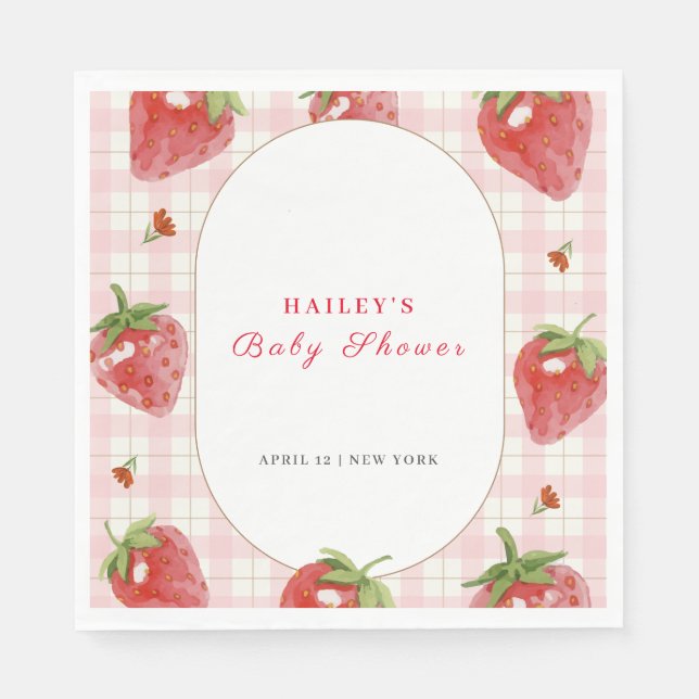 Pink Strawberry Berry  Sweet Gingham Baby Shower Napkins (Front)