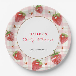 Pink Strawberry Berry Sweet Gingham Baby Shower Paper Plates