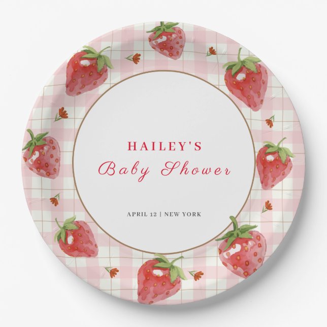 Pink Strawberry Berry  Sweet Gingham Baby Shower Paper Plates (Front)