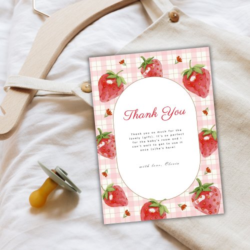 Pink Strawberry Berry Sweet Gingham Baby Shower Thank You Card