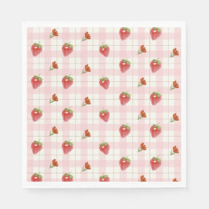 Pink Strawberry Berry Sweet Gingham Party Napkins