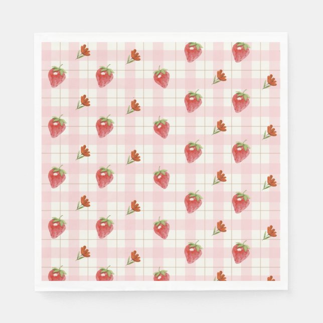 Pink Strawberry Berry Sweet Gingham Party Napkins (Front)