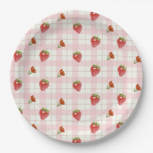Pink Strawberry Berry Sweet Gingham Party Paper Plates