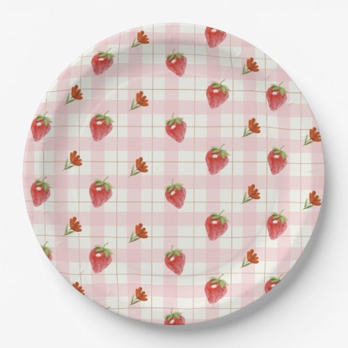 Pink Strawberry Berry Sweet Gingham Party Paper Plates