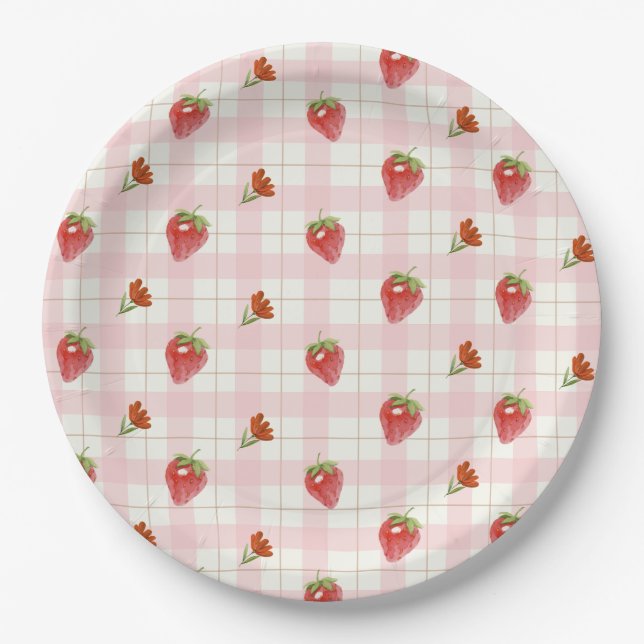 Pink Strawberry Berry Sweet Gingham Party Paper Plates (Front)