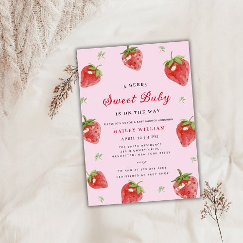 Pink Strawberry Berry Sweet Girl Baby Shower Invitation