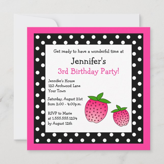 Pink Strawberry Birthday Black & White Polka Dots Invitation (Front)