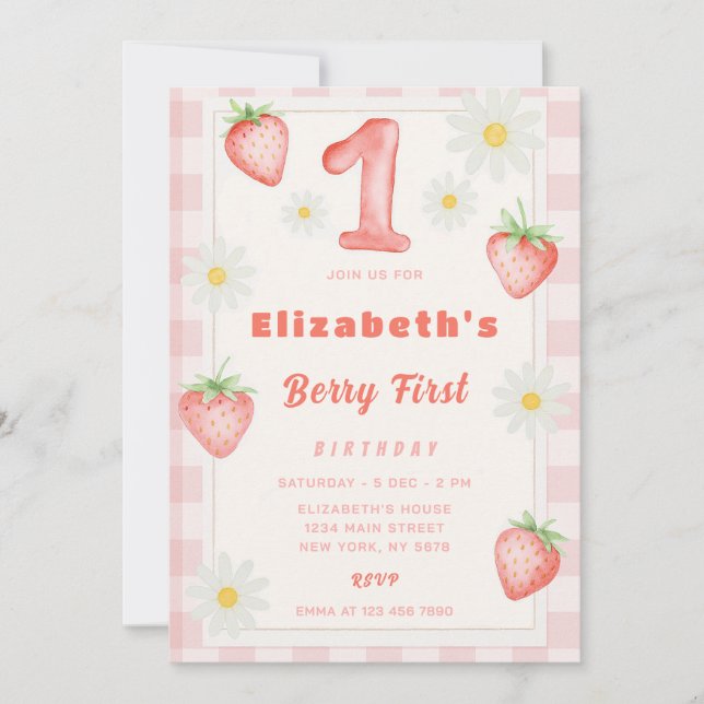 Pink Strawberry Birthday Invitation (Front)
