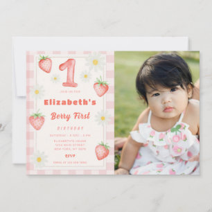 Pink Strawberry Birthday Invitation With Photo
