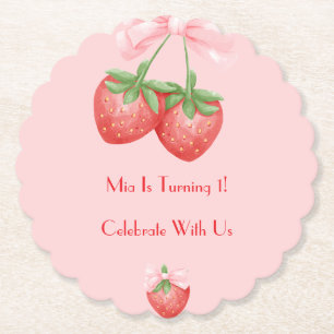 Pink strawberry birthday  paper coaster
