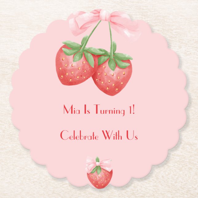 Pink strawberry birthday  paper coaster (Front)