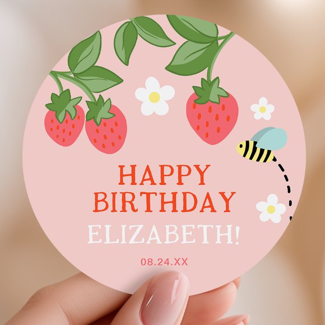 Pink Strawberry Birthday Party Favor Thank you Classic Round Sticker (Creator Uploaded)