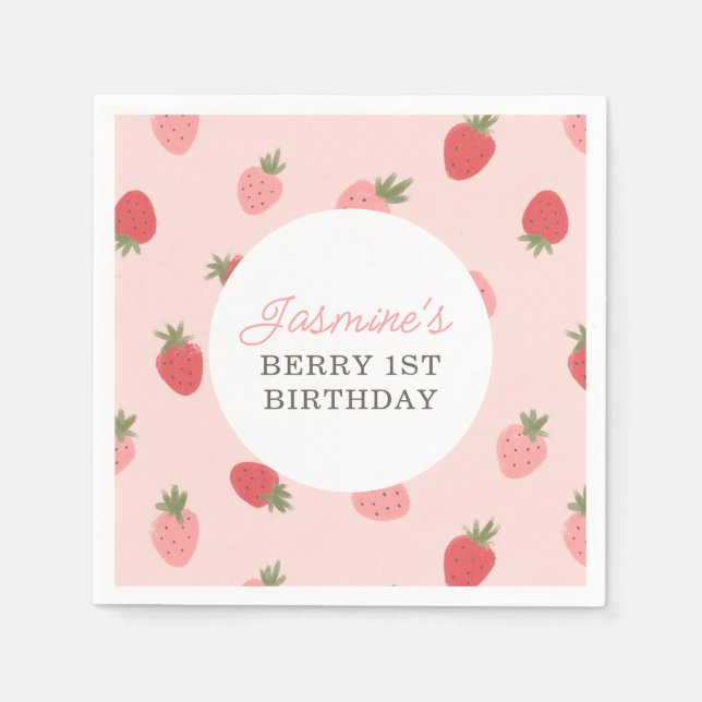 Pink Strawberry Birthday Party Napkins (Front)