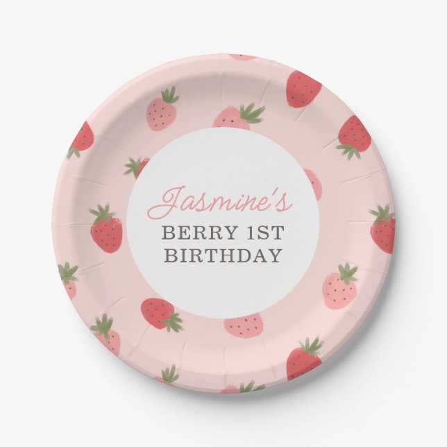 Pink Strawberry Birthday Party Paper Plates (Front)