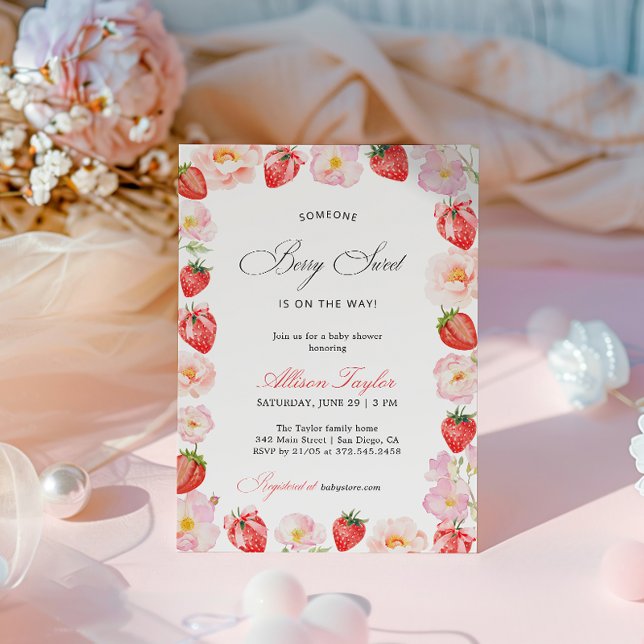 Pink Strawberry Bow Floral Baby Shower Invitation (Creator Uploaded)