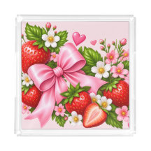 Pink Strawberry Bow Floral Serving Tray Kitchen
