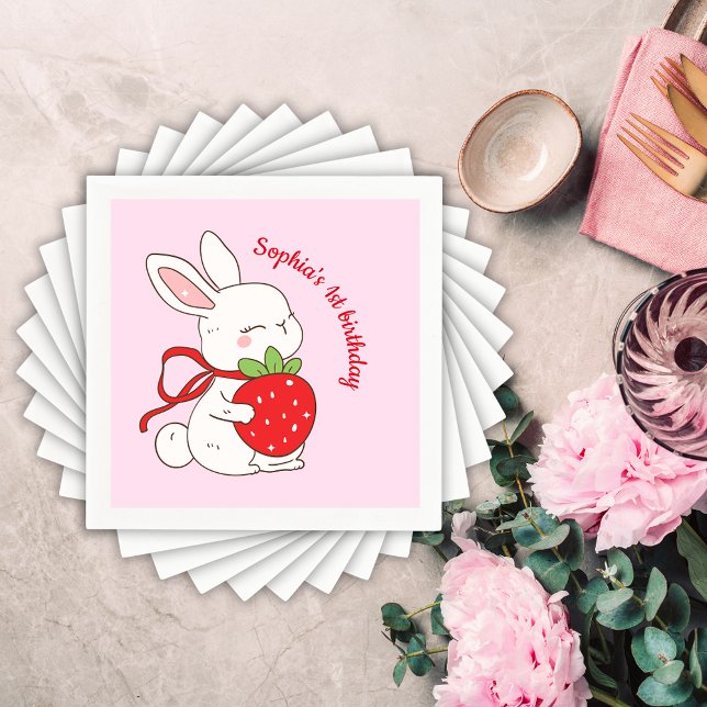 Pink Strawberry Bunny Birthday Napkins (Creator Uploaded)