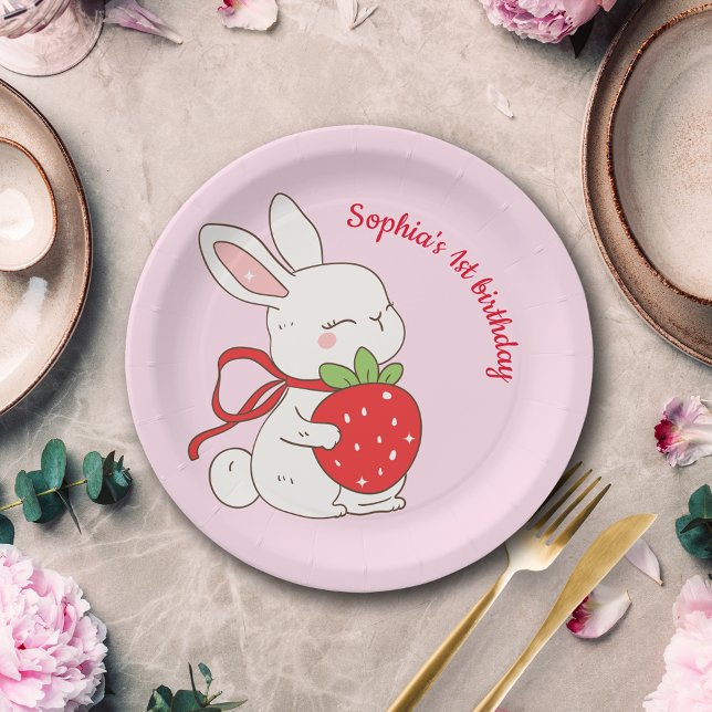 Pink Strawberry Bunny Birthday Paper Plates (Creator Uploaded)