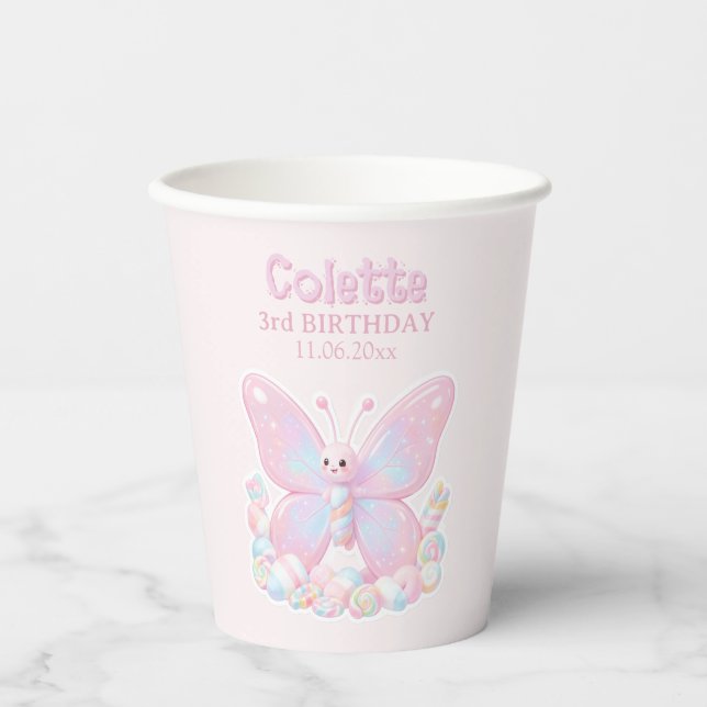 Pink Strawberry Butterfly Birthday Paper Cups (Front)