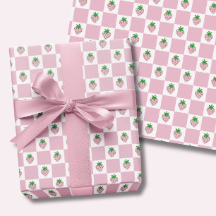 Pink Strawberry Checkerboard Summer Wrapping Paper Sheets