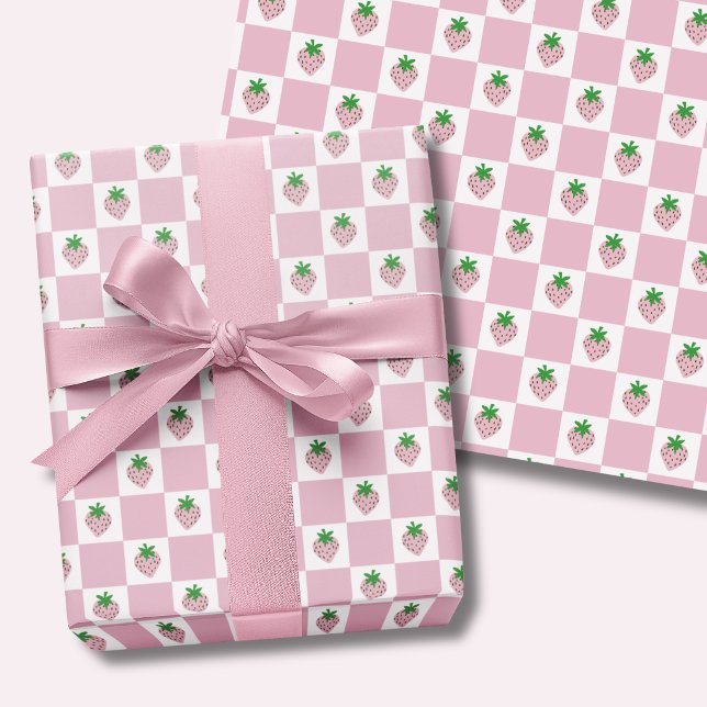 Pink Strawberry Checkerboard Summer Wrapping Paper Sheets (Pink strawberry checkboard wrapping paper sheets)