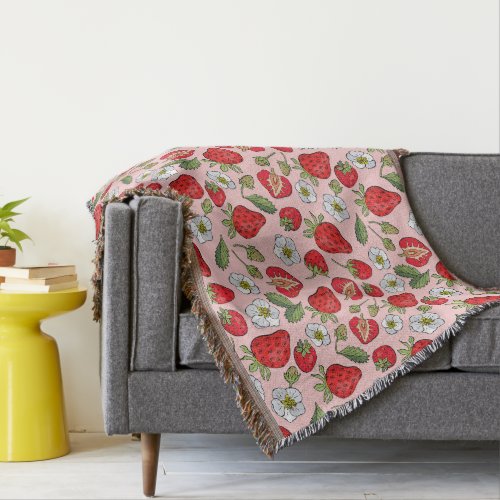 Pink Strawberry Cottagecore Cozy Woven Throw Blanket