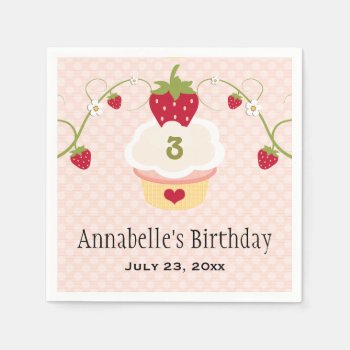 Pink Strawberry Cupcake Birthday Party Any Age Napkins by OccasionInvitations at Zazzle