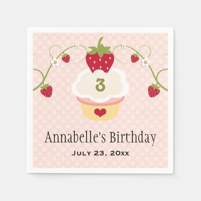 Pink Strawberry Cupcake Birthday Party Any Age Napkins (Front)