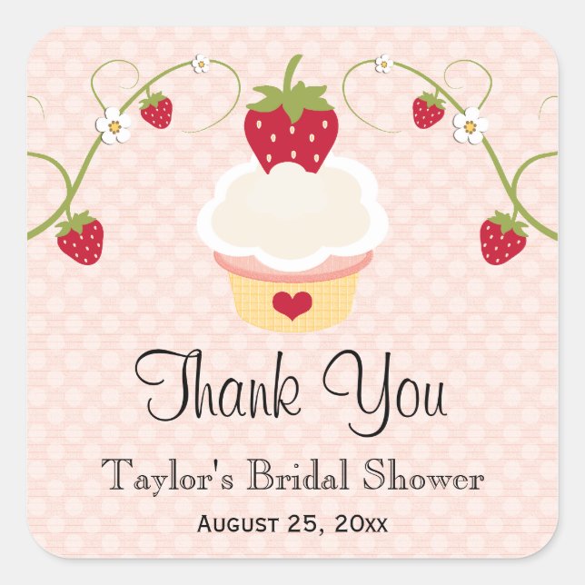 Pink Strawberry Cupcake Favor Labels Stickers (Front)