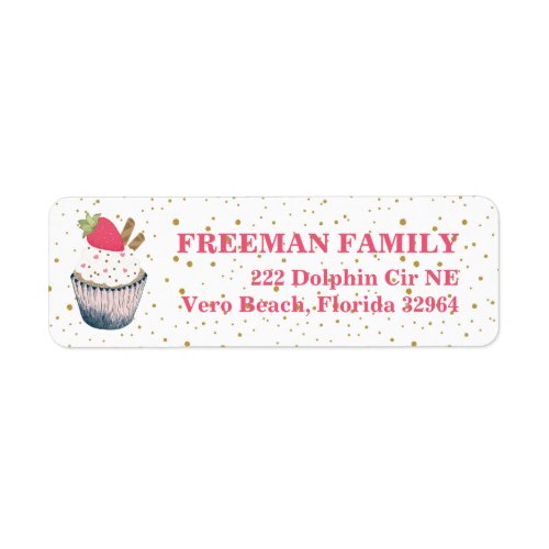 Pink Strawberry Cupcake  Gold Sprinkles Address Label