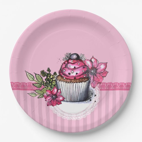 Pink Strawberry Cupcake Paper Party Plates