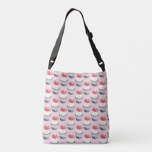 Pink Strawberry Cupcake Pattern Crossbody Bag