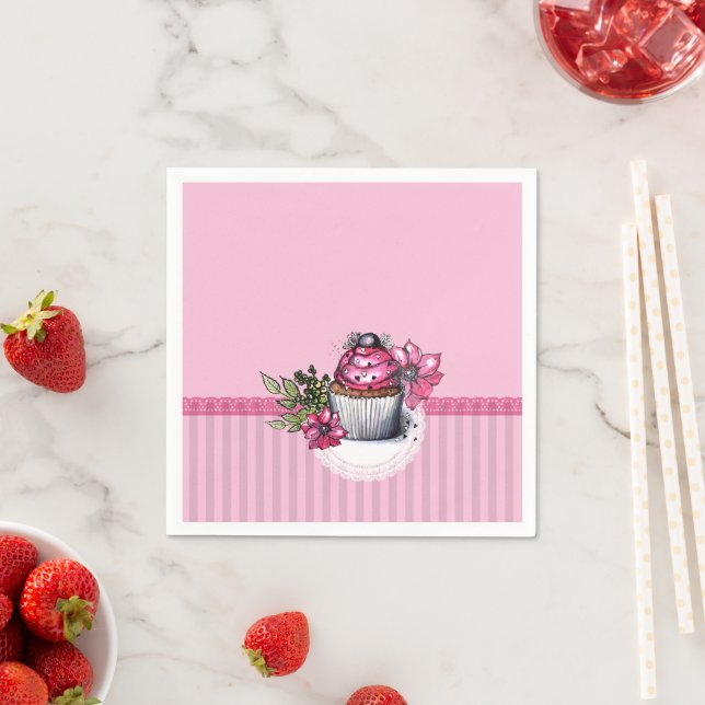 Pink Strawberry Cupcake with Pink Flowers Napkins (Insitu)