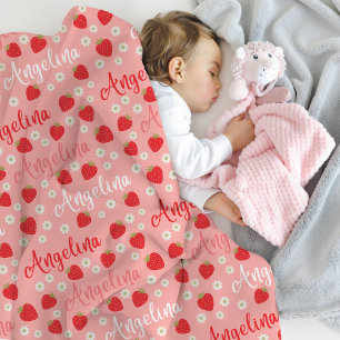 Pink Strawberry Custom Name Girls Baby Blanket
