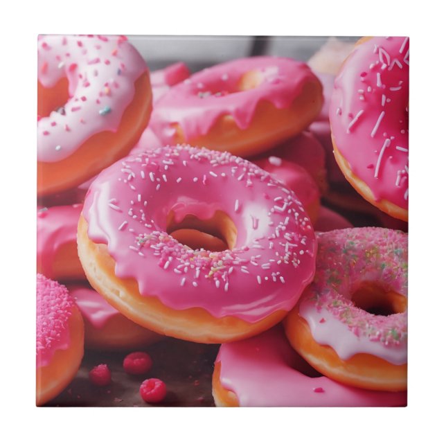 Pink Strawberry Donuts Ceramic Tile (Front)