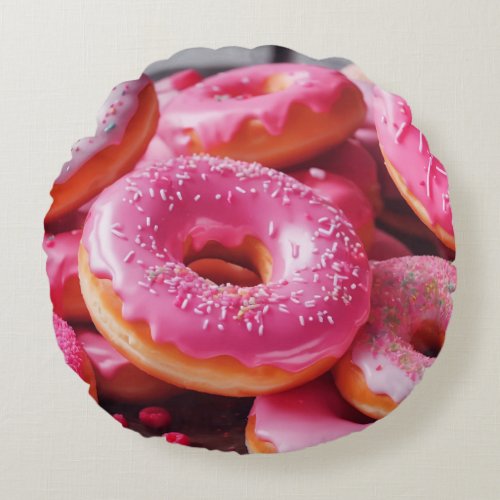 Pink Strawberry Donuts Round Pillow