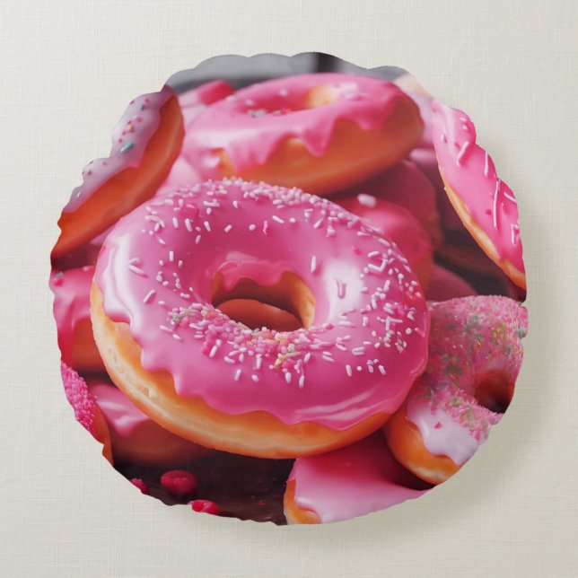 Pink Strawberry Donuts Round Pillow (Front)