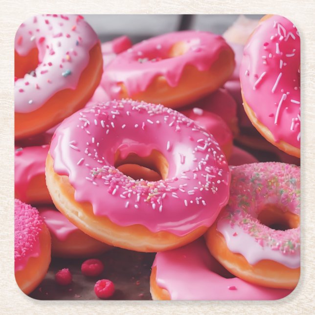 Pink Strawberry Donuts Square Paper Coaster (Front)