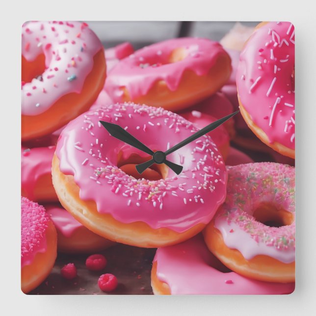 Pink Strawberry Donuts Square Wall Clock (Front)