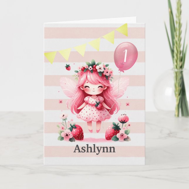  Pink Strawberry Fairy 1st Birthday Card (Front)