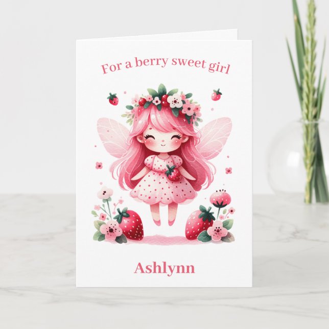 Pink Strawberry Fairy Berry Birthday  Card (Front)