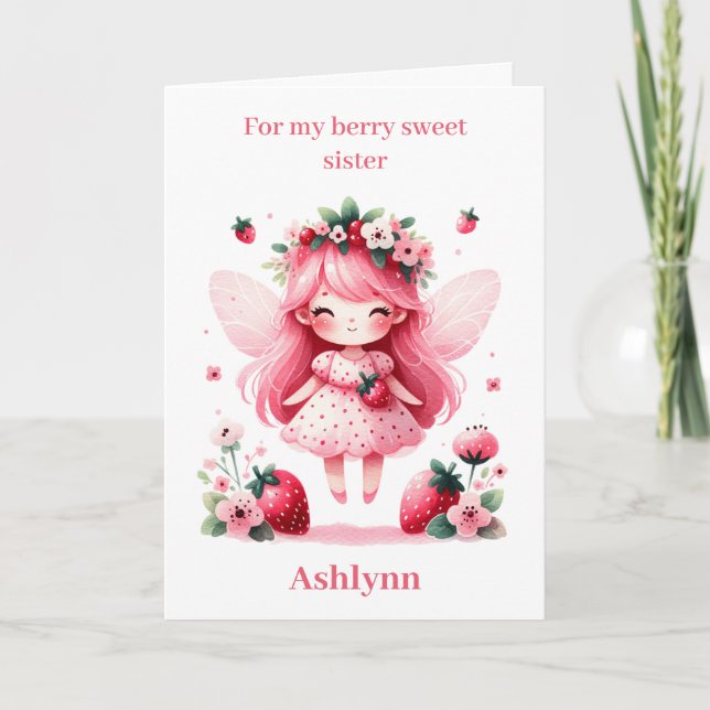 Pink Strawberry Fairy Berry Birthday Sister Card (Front)