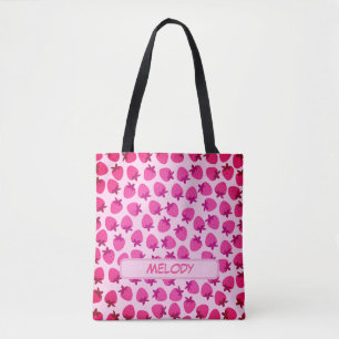 pink strawberry field summer nature fruit initial tote bag