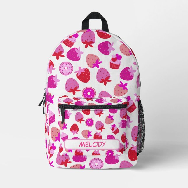 pink strawberry field summer nature fruit tropical printed backpack (Front)