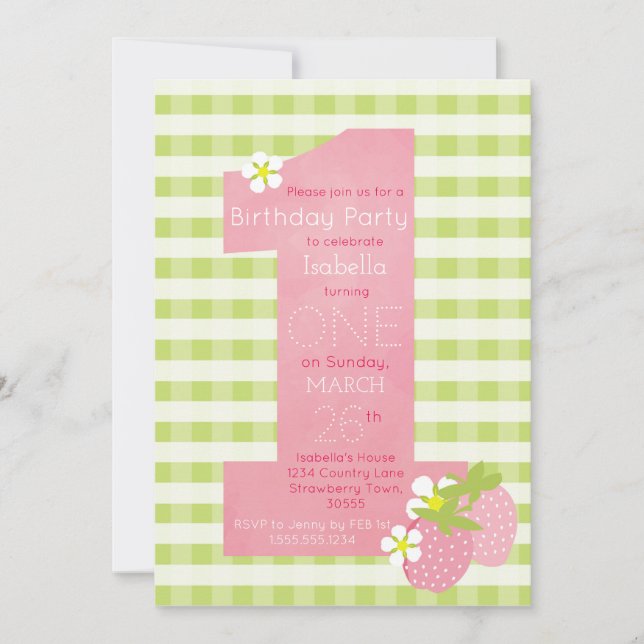 Pink Strawberry First Birthday Party Invitation (Front)