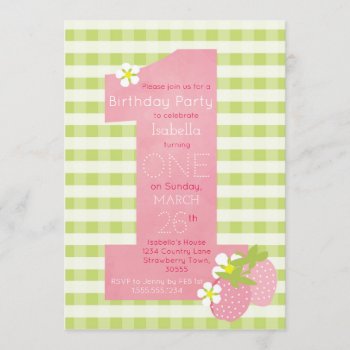 Pink Strawberry First Birthday Party Invitation by prettypicture at Zazzle